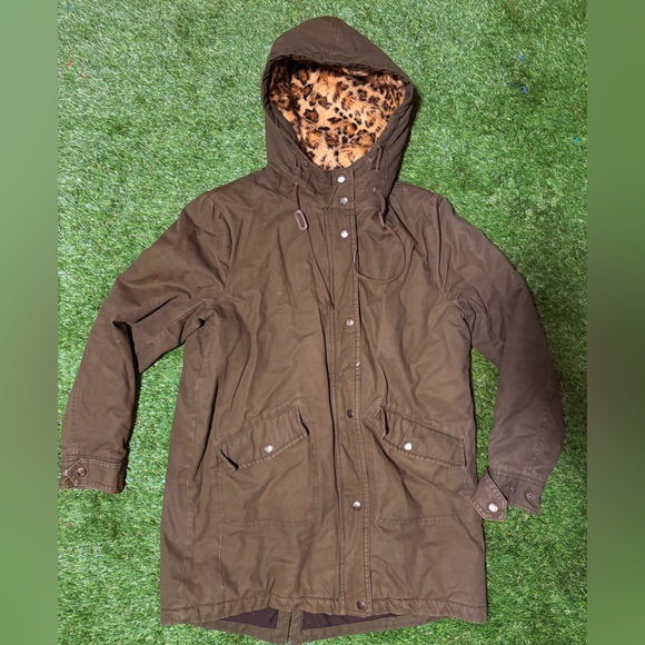 Leopard print fur Forever 21 hooded parka jacket - Picture 3 of 7
